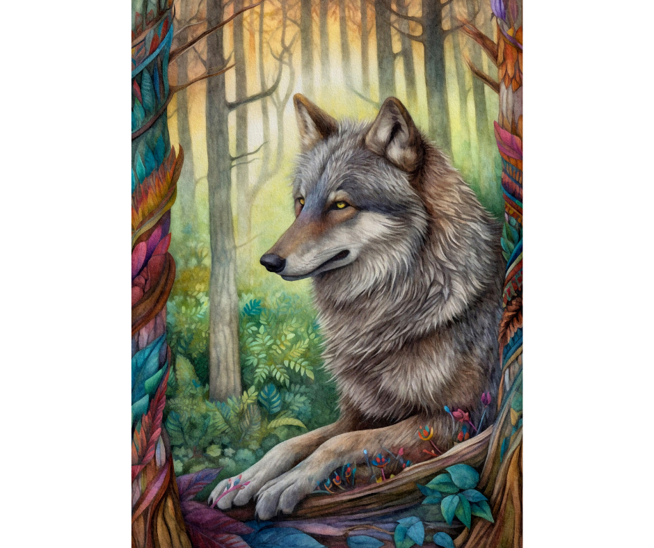 Dog Desk Boho Forest Wolf  Deluxe Greeting Card