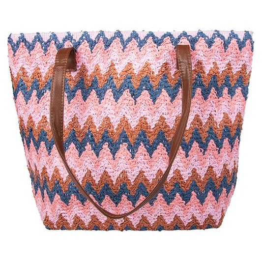 Ladies Women's Woven ZigZag Tote Bag Pink Blue