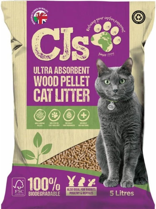 Pet Food bank Cj's Premuim Cat Litter Ultra Absorbent Wood Pellets Non Clumping Biodegradable Natural Litter for Cats, Rabbits, Poultry and Reptiles - 5L