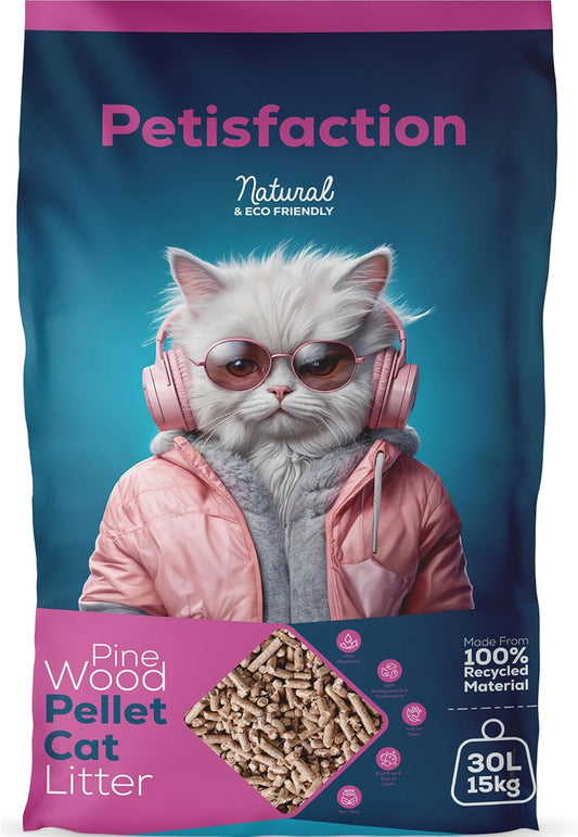 Pet Food Bank Petisfaction 30L Wood Pellet Cat Litter-Wood Cat Litter - Biodegradable, Eco-Friendly Odour Control -Ultra Absorbent