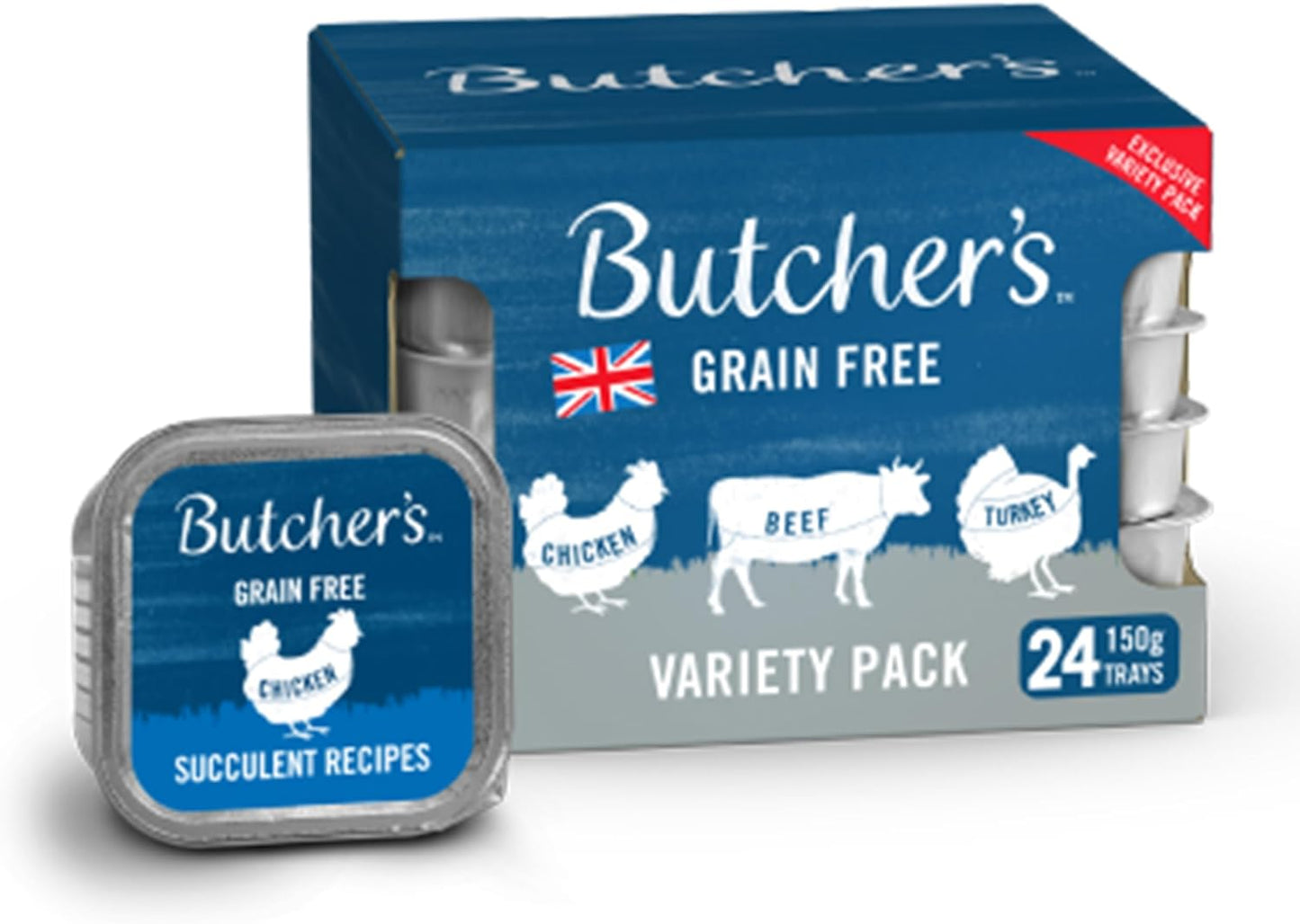 Pet Food Bank Butcher's Grain Free Adult Wet Dog Food Mixed Variety Pack, 3.6 kg (24 x 150 g)