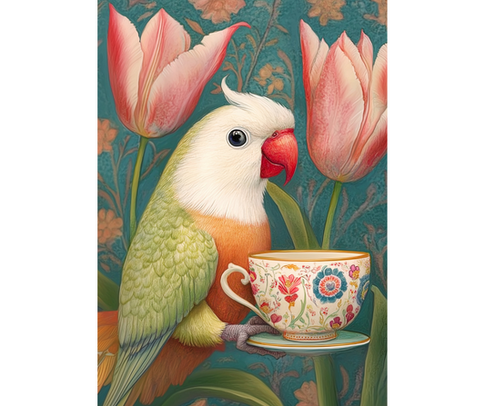 Dog Desk Tea-time Animals Parrot Deluxe Greeting Card