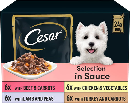 Pet Food Bank Cesar Selection in Sauce 48 Pouches, Adult Premium Wet Dog Food Pack of 2 (24 x 100 g)