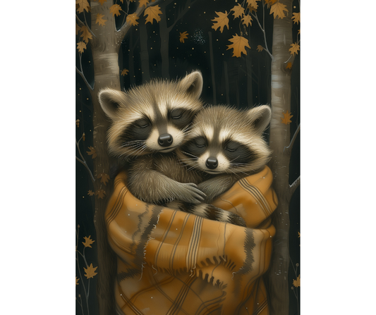 Dog Desk Cuddling Animals Raccoons Deluxe Greeting Card