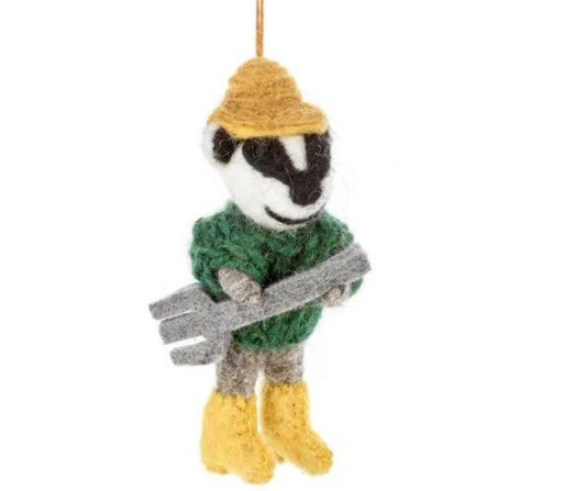 Fairtrade Handmade Felt Boris the Gardening Badger Hanging Decoration