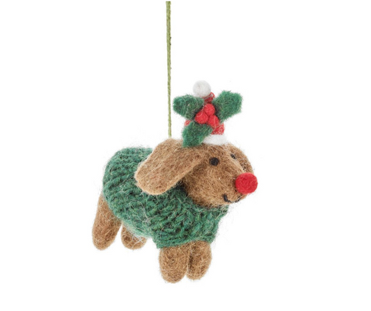 Fairtrade Handmade Felt Rudolph Dachshund Dog Hanging Christmas Decoration