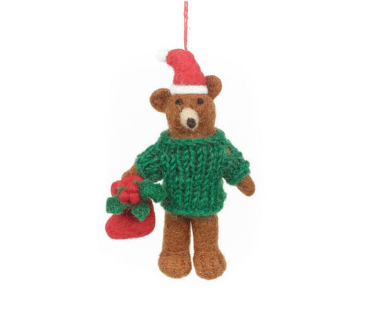 Fairtrade Handmade Felt Claus the Christmas Bear Hanging Decoration