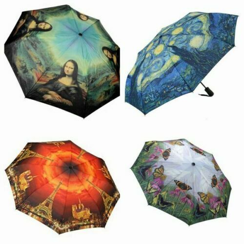 Galleria Push Button Folding Art Umbrella Mona Lisa Butterfly Paris Van Gogh